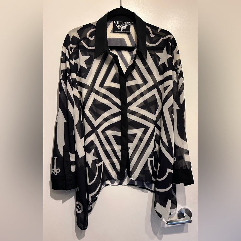 Killstar Black & White Sheer Button-Up Blouse